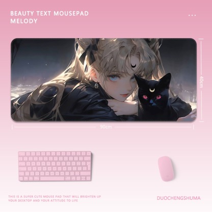黑貓女孩電競超大遊戲加厚防滑鼠標墊