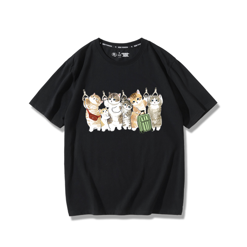 擠地鐵貓咪2024親子情侶男女同款 純棉T恤
