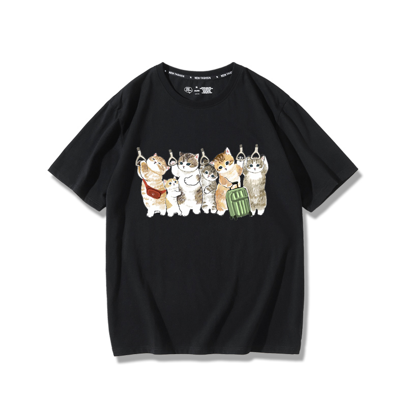 擠地鐵貓咪2024親子情侶男女同款 純棉T恤