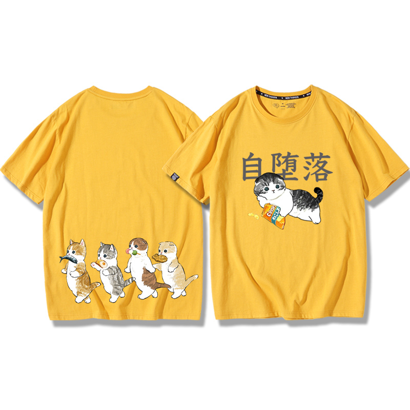 貓咪鯊魚呆萌可愛2024親子情侶男女同款 純棉T恤