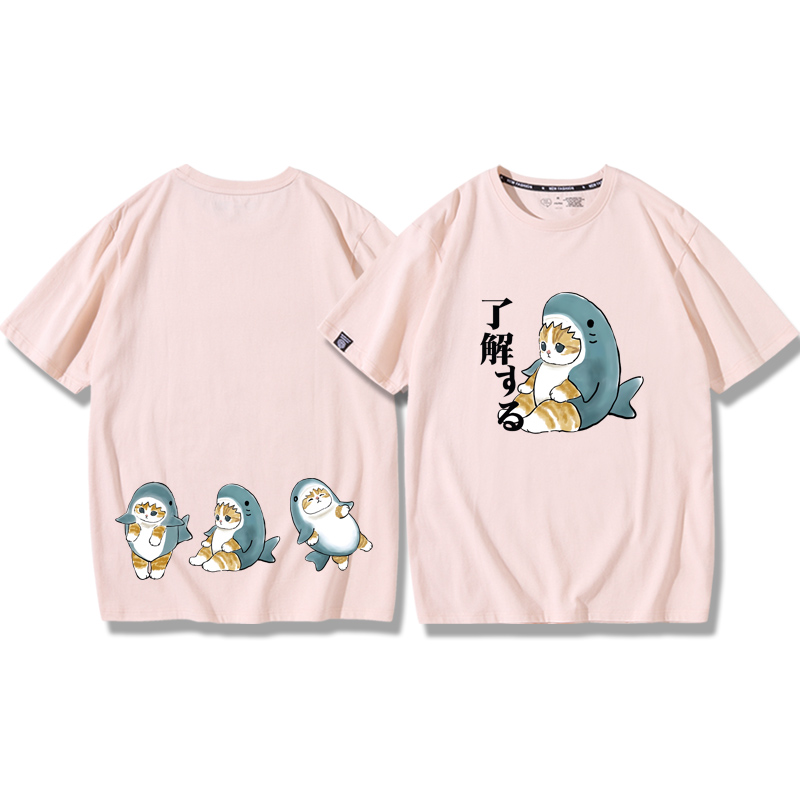 貓咪鯊魚呆萌可愛2024親子情侶男女同款 純棉T恤
