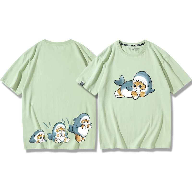 貓咪鯊魚呆萌可愛2024親子情侶男女同款 純棉T恤