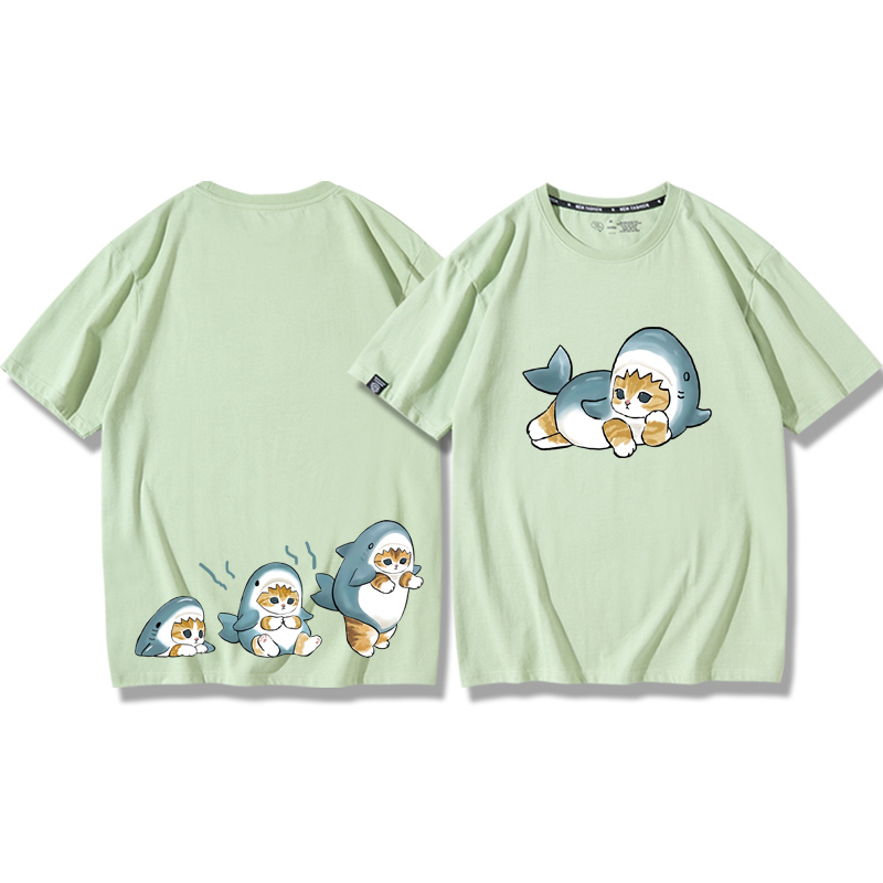 貓咪鯊魚呆萌可愛2024親子情侶男女同款 純棉T恤
