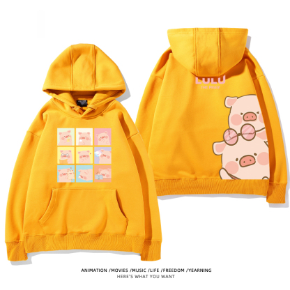 LULU豬 聯名衛衣2024秋冬新款親子情侶裝薄絨款連帽衛衣