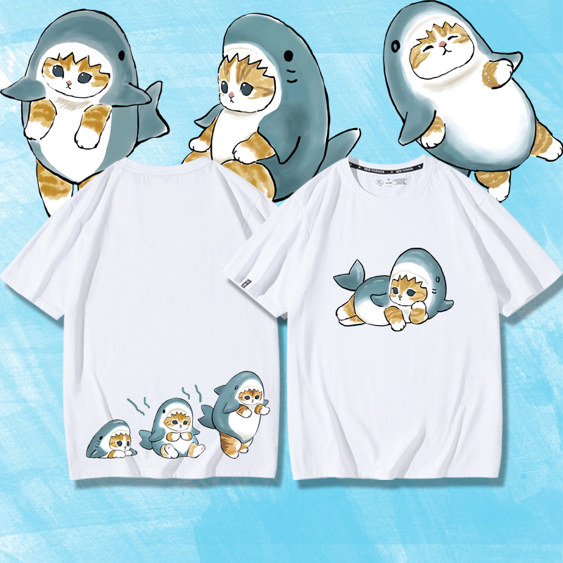 貓咪鯊魚呆萌可愛2024親子情侶男女同款 純棉T恤