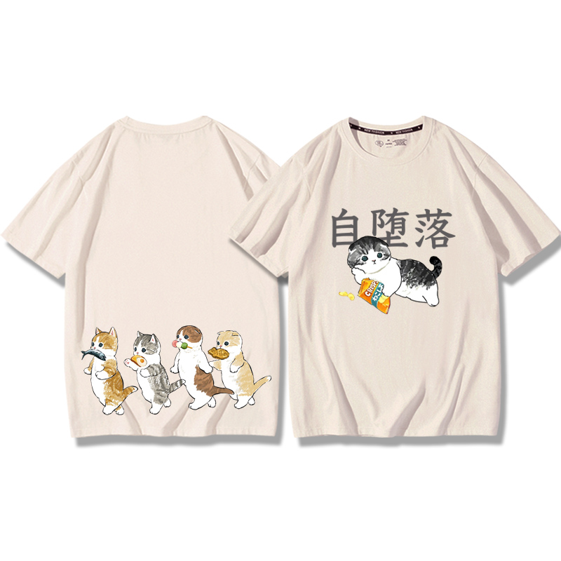 貓咪鯊魚呆萌可愛2024親子情侶男女同款 純棉T恤
