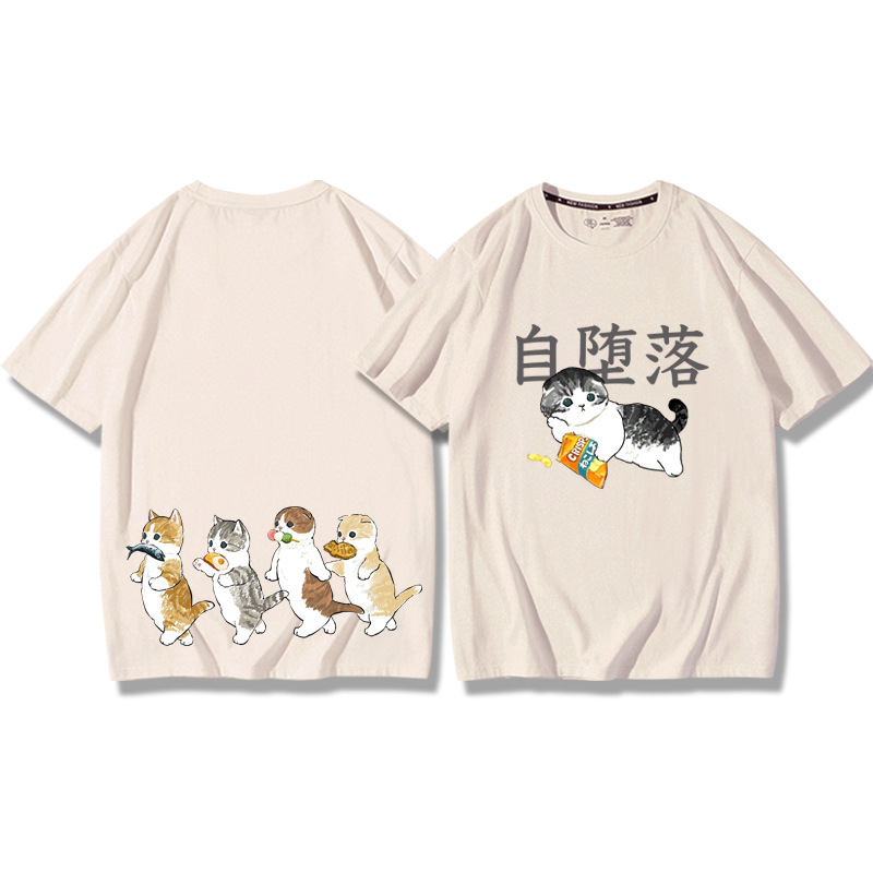 貓咪鯊魚呆萌可愛2024親子情侶男女同款 純棉T恤