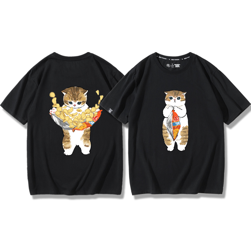 貓咪鯊魚呆萌可愛2024親子情侶男女同款 純棉T恤