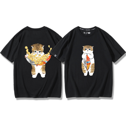 貓咪鯊魚呆萌可愛2024親子情侶男女同款 純棉T恤
