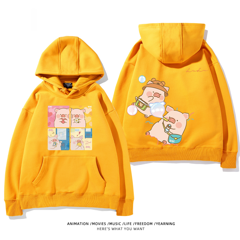 LULU豬 聯名衛衣2024秋冬新款親子情侶裝薄絨款連帽衛衣