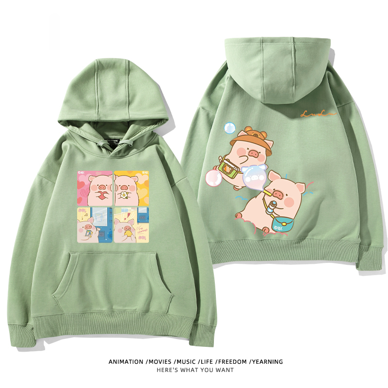 LULU豬 聯名衛衣2024秋冬新款親子情侶裝薄絨款連帽衛衣