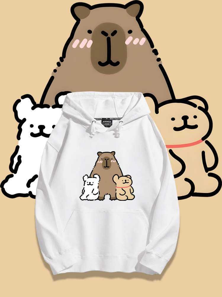 萌系卡皮巴拉x線條小狗2023秋冬新款親子情侶裝薄絨款連帽衛衣