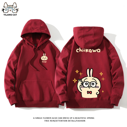 Chiikawa聯名衛衣2024秋冬新款親子情侶裝薄絨款連帽衛衣