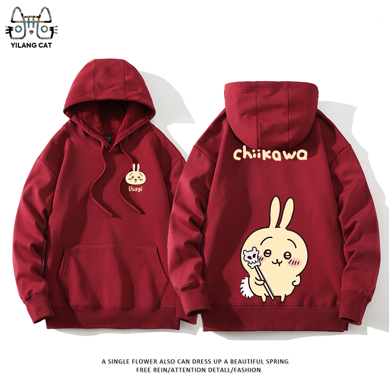 Chiikawa聯名衛衣2024秋冬新款親子情侶裝薄絨款連帽衛衣