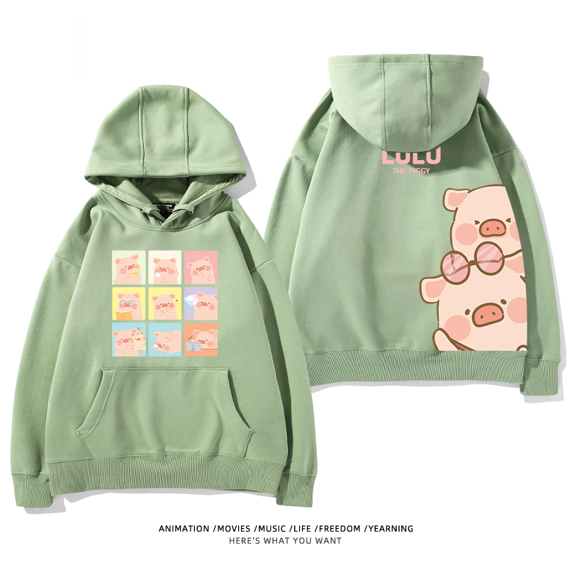 LULU豬 聯名衛衣2024秋冬新款親子情侶裝薄絨款連帽衛衣