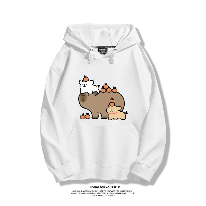 萌系卡皮巴拉x線條小狗2023秋冬新款親子情侶裝薄絨款連帽衛衣