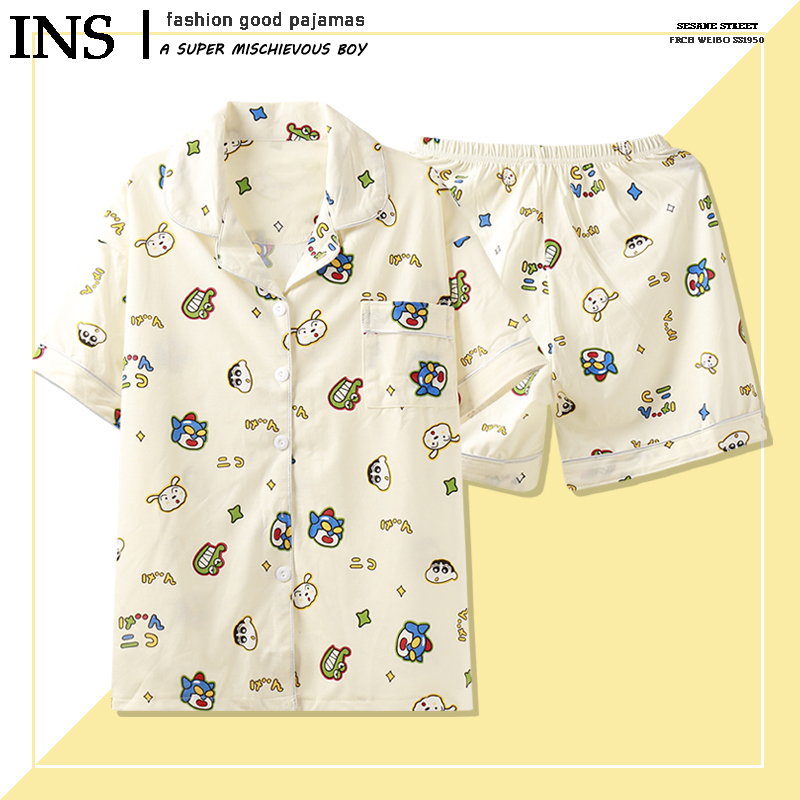 日系可愛小新睡衣女夏季短袖卡通純棉紗布情侶男士家居服棉紗