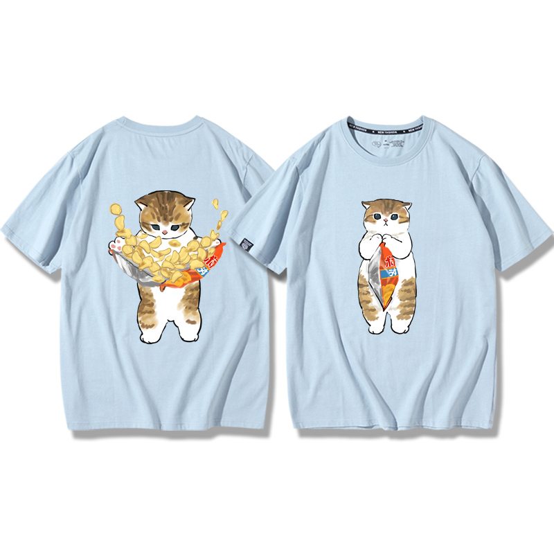 貓咪鯊魚呆萌可愛2024親子情侶男女同款 純棉T恤