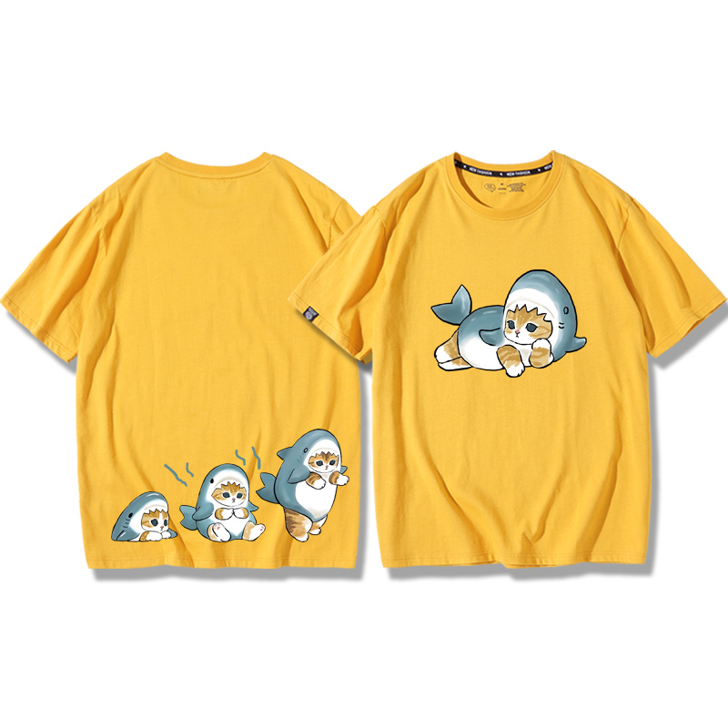 貓咪鯊魚呆萌可愛2024親子情侶男女同款 純棉T恤