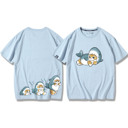 貓咪鯊魚呆萌可愛2024親子情侶男女同款 純棉T恤