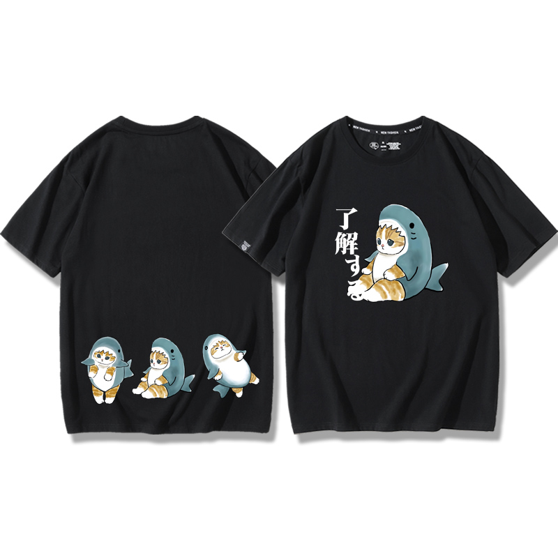 貓咪鯊魚呆萌可愛2024親子情侶男女同款 純棉T恤