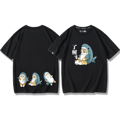 貓咪鯊魚呆萌可愛2024親子情侶男女同款 純棉T恤