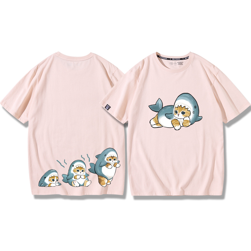 貓咪鯊魚呆萌可愛2024親子情侶男女同款 純棉T恤