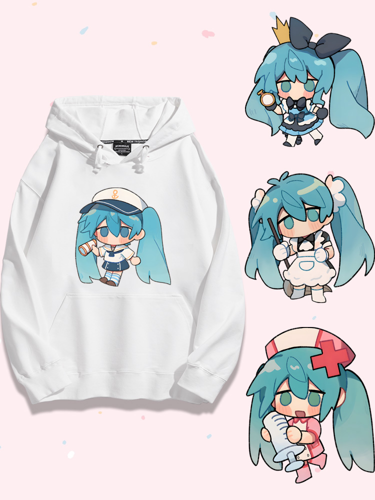 日系Q版初音未來聯名衛衣2023秋冬新款親子情侶裝薄絨款連帽衛衣