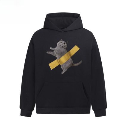 設計感膠帶貓咪印花 親子情侶男女連帽衛衣