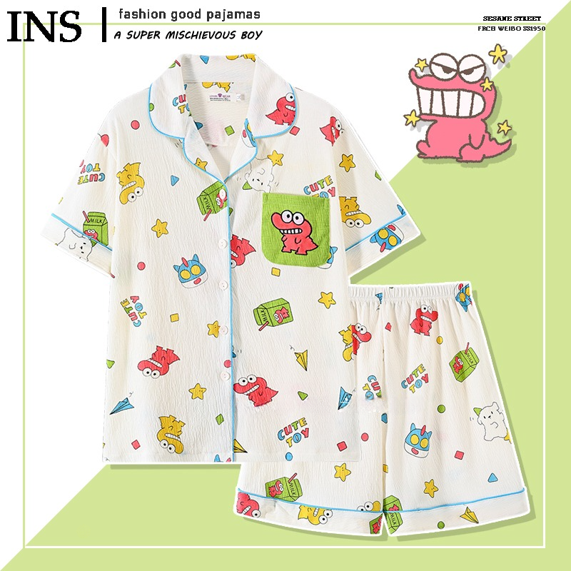 日系可愛小新睡衣女夏季短袖卡通純棉紗布情侶男士家居服棉紗