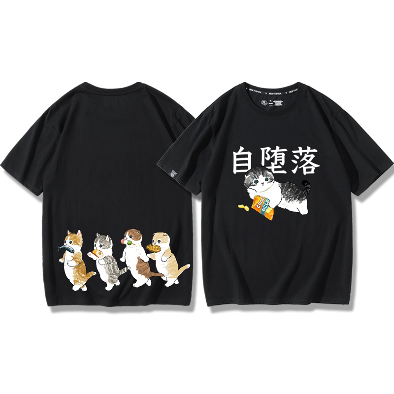 貓咪鯊魚呆萌可愛2024親子情侶男女同款 純棉T恤