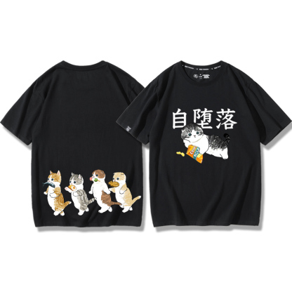 貓咪鯊魚呆萌可愛2024親子情侶男女同款 純棉T恤