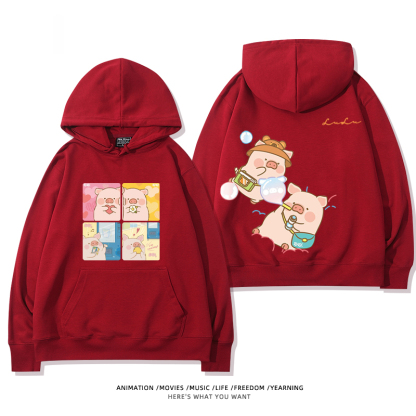 LULU豬 聯名衛衣2024秋冬新款親子情侶裝薄絨款連帽衛衣