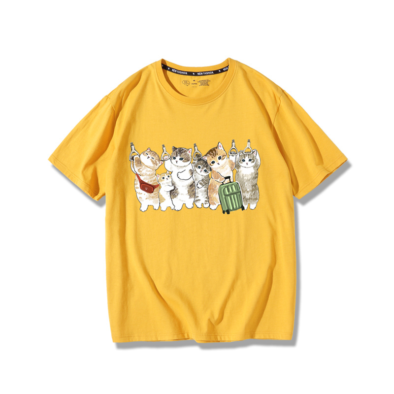 擠地鐵貓咪2024親子情侶男女同款 純棉T恤