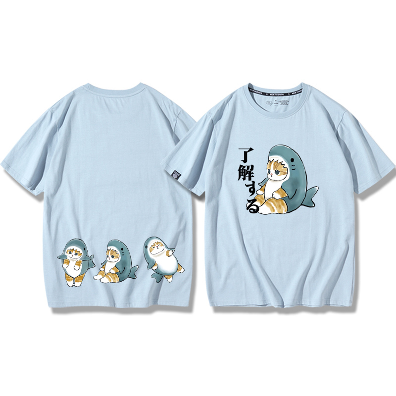 貓咪鯊魚呆萌可愛2024親子情侶男女同款 純棉T恤