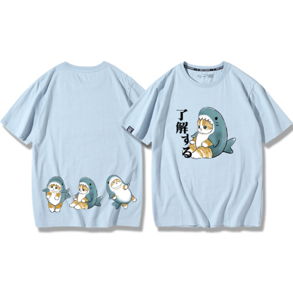 貓咪鯊魚呆萌可愛2024親子情侶男女同款 純棉T恤