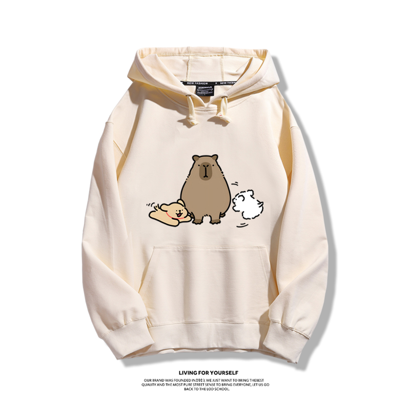 萌系卡皮巴拉x線條小狗2023秋冬新款親子情侶裝薄絨款連帽衛衣