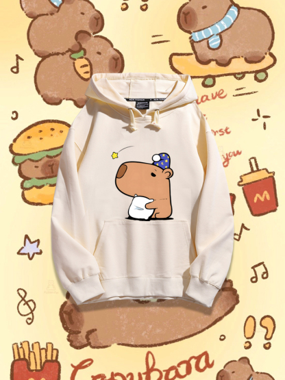 卡皮巴拉可愛水豚君2023秋冬新款親子情侶裝薄絨款連帽衛衣