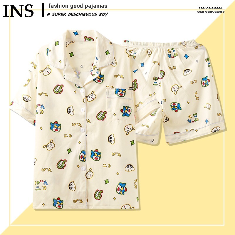 日系可愛小新睡衣女夏季短袖卡通純棉紗布情侶男士家居服棉紗