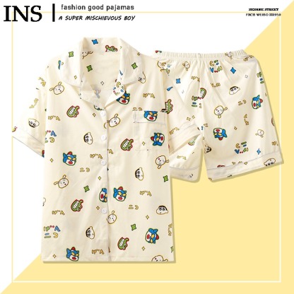 日系可愛小新睡衣女夏季短袖卡通純棉紗布情侶男士家居服棉紗