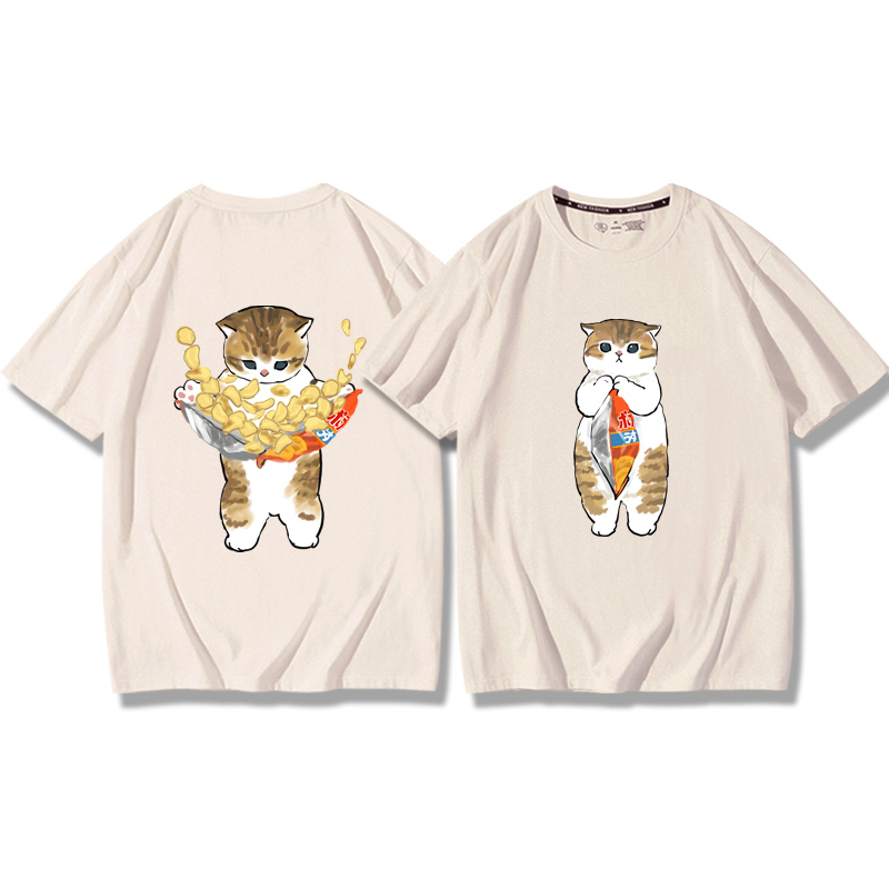 貓咪鯊魚呆萌可愛2024親子情侶男女同款 純棉T恤