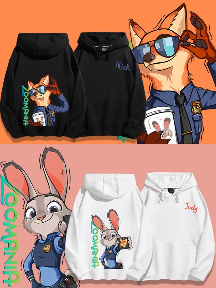 瘋狂動物城聯名衛衣2024秋冬新款親子情侶裝薄絨款連帽衛衣