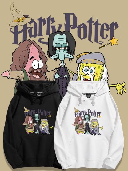 海綿寶寶聯名哈利波特2023秋冬新款親子情侶裝薄絨款連帽衛衣