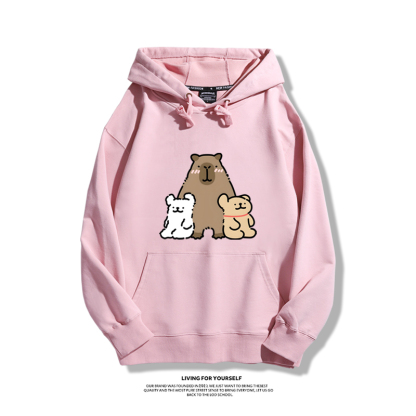 萌系卡皮巴拉x線條小狗2023秋冬新款親子情侶裝薄絨款連帽衛衣