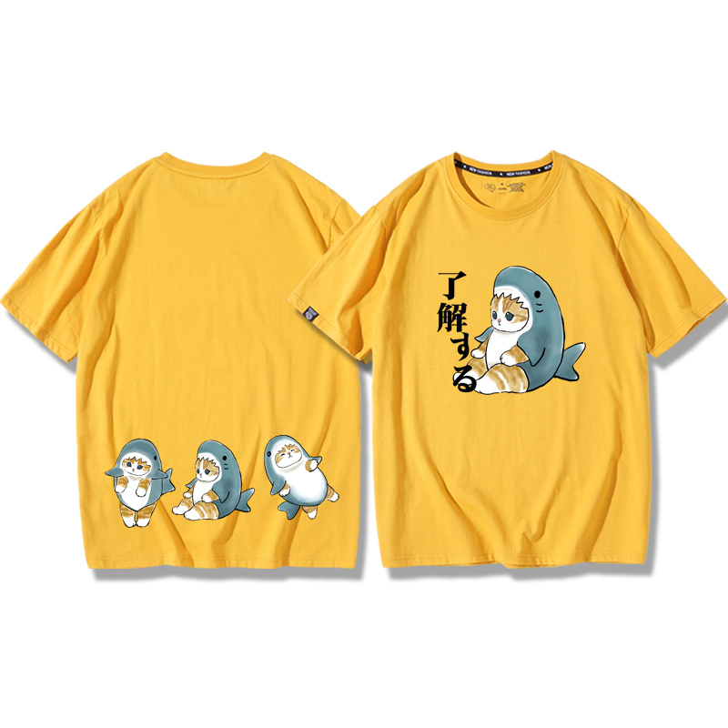 貓咪鯊魚呆萌可愛2024親子情侶男女同款 純棉T恤