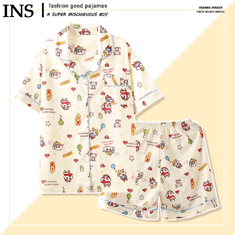 日系可愛小新睡衣女夏季短袖卡通純棉紗布情侶男士家居服棉紗