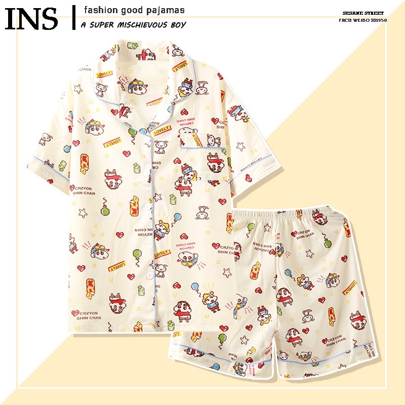 日系可愛小新睡衣女夏季短袖卡通純棉紗布情侶男士家居服棉紗