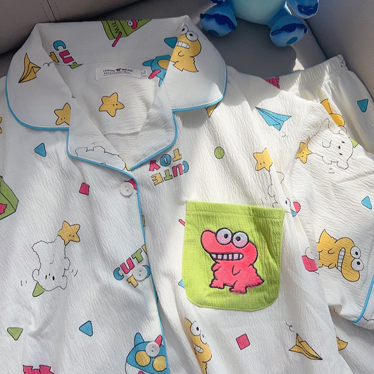 日系可愛小新睡衣女夏季短袖卡通純棉紗布情侶男士家居服棉紗