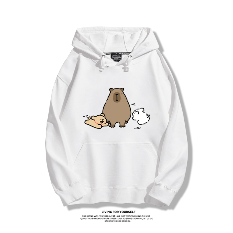 萌系卡皮巴拉x線條小狗2023秋冬新款親子情侶裝薄絨款連帽衛衣