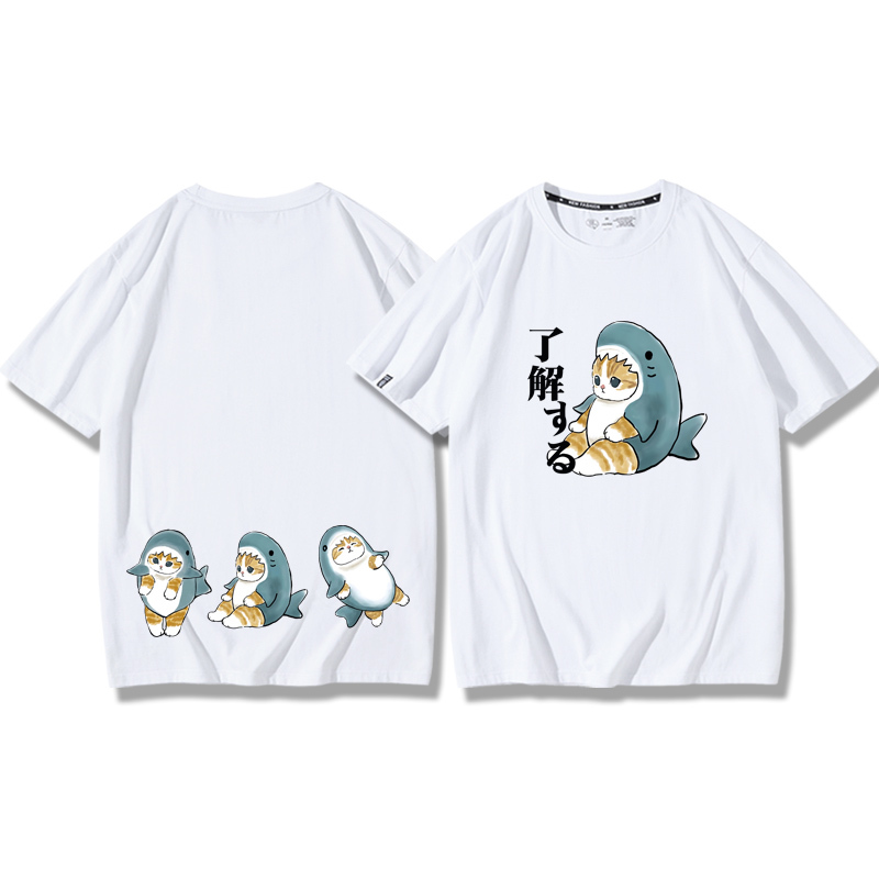 貓咪鯊魚呆萌可愛2024親子情侶男女同款 純棉T恤